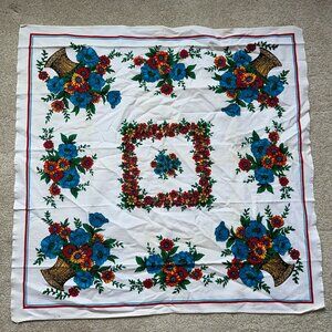 Vtg 50s Vlisco Bright Floral Tablecloth Square Heavy Cotton 33x33 Red Blue Summe